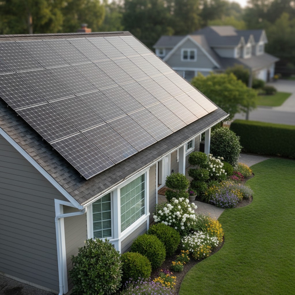The image depicts a house with solar panels on its roof, set in a suburban neighborhood.